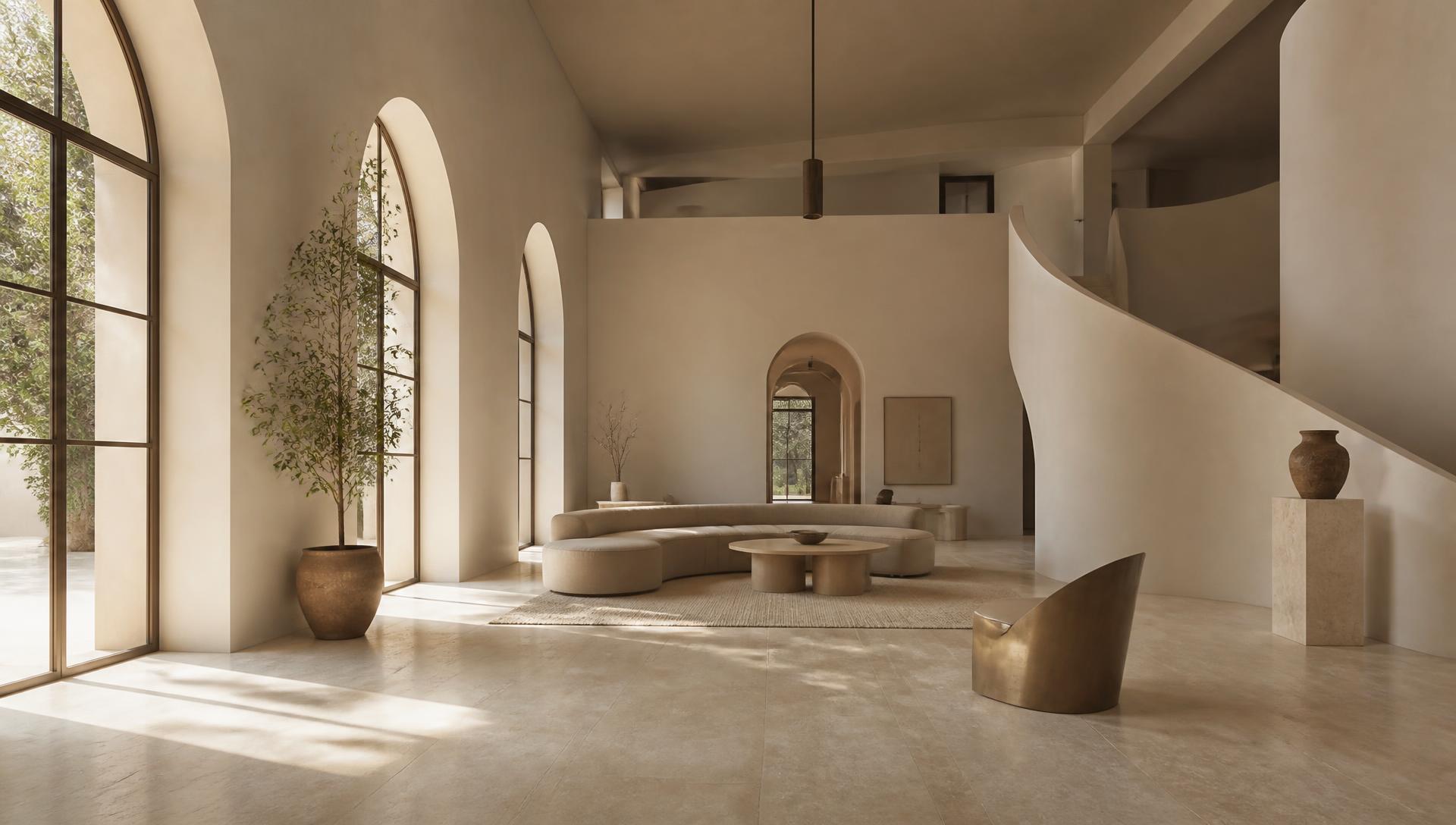 A serene, light-filled minimalist interior with arched windows and a sweeping spiral staircase