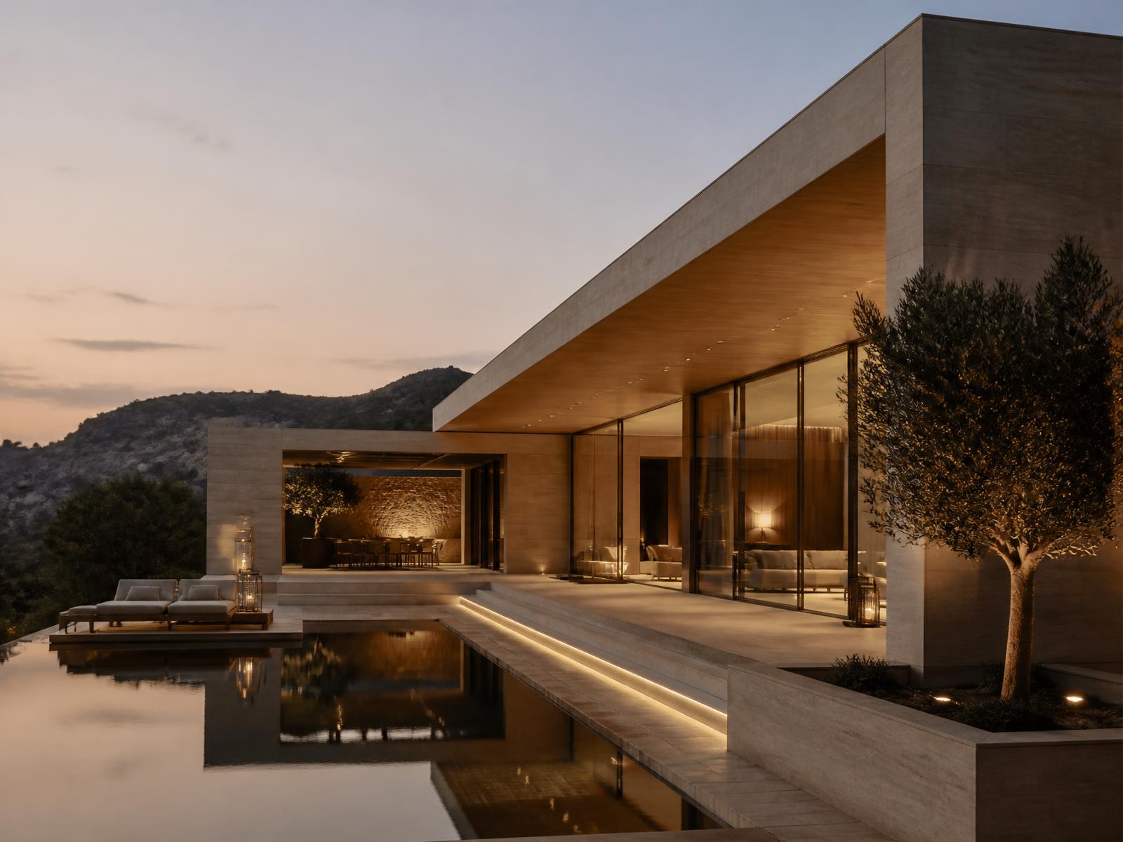 Minimalist stone villa at dusk beside a reflecting pool