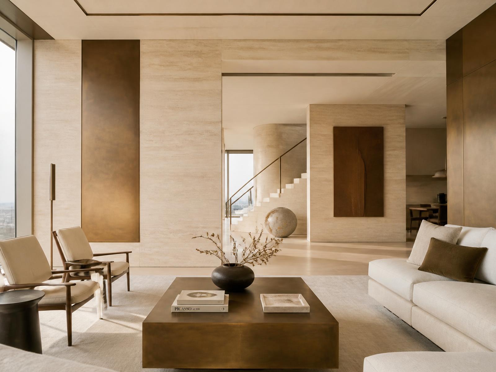 Luxury penthouse living room in travertine and bronze