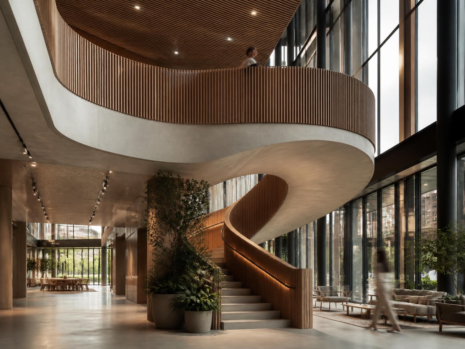 Commercial atrium with sculptural curved staircase in oak and concrete