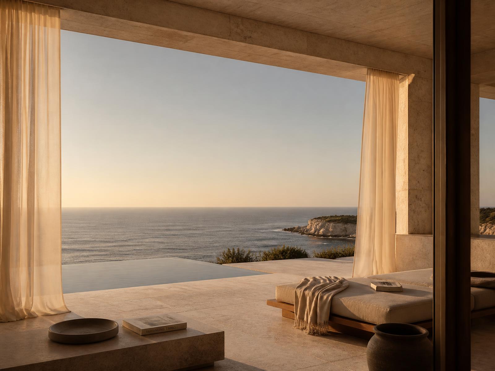 Coastal limestone terrace with linen drapes overlooking the sea