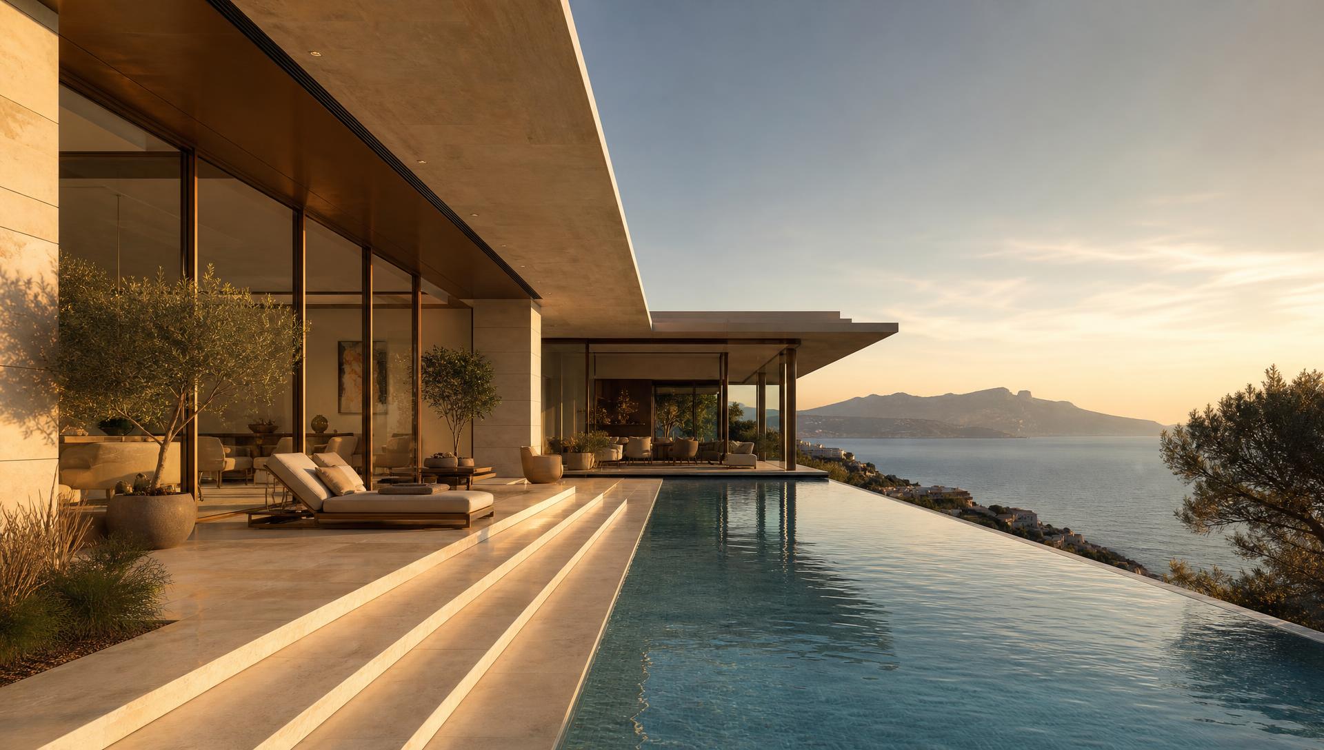 Clifftop limestone villa with infinity pool overlooking the Mediterranean sea at golden hour